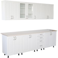 Bucatarie Zebra 260 cm din MDF Alb Lucios cu blat termoizolant imitatie Alb / Bej